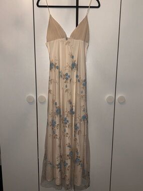 SHEIN Cream Maxi Slip Dress with Blue Floral Embroidery